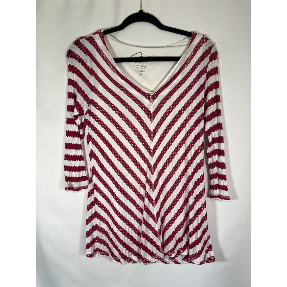 Miracle Body Red Embroidered Stripe Lined Top 3/4 Sleeve Miracle Suit Size M